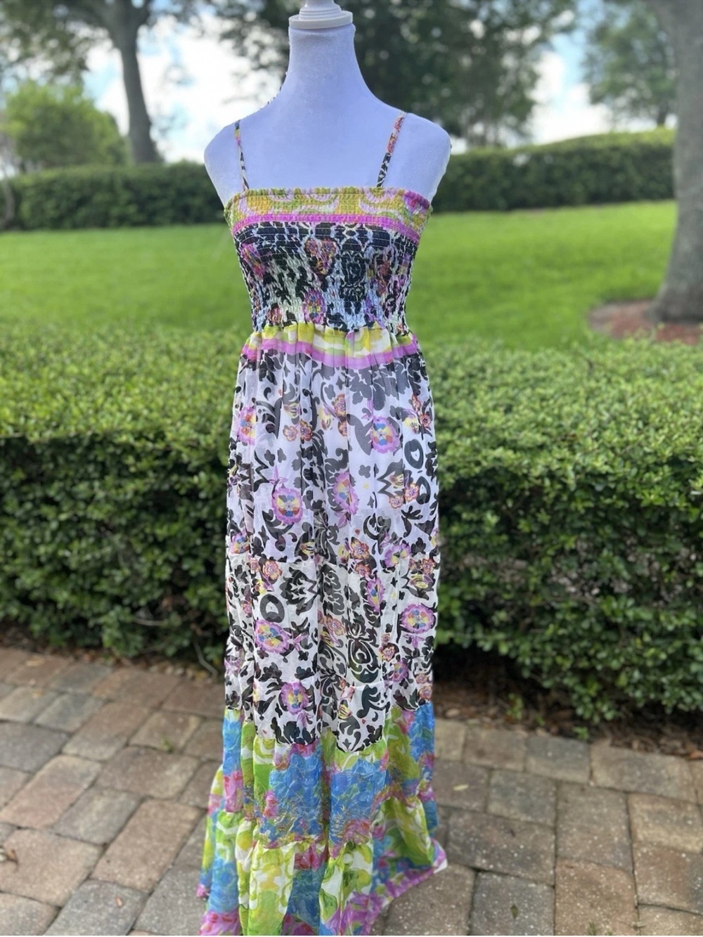 Antica Sartoria Floral Smocked Maxi Dress with Spaghetti Straps - Multicolor